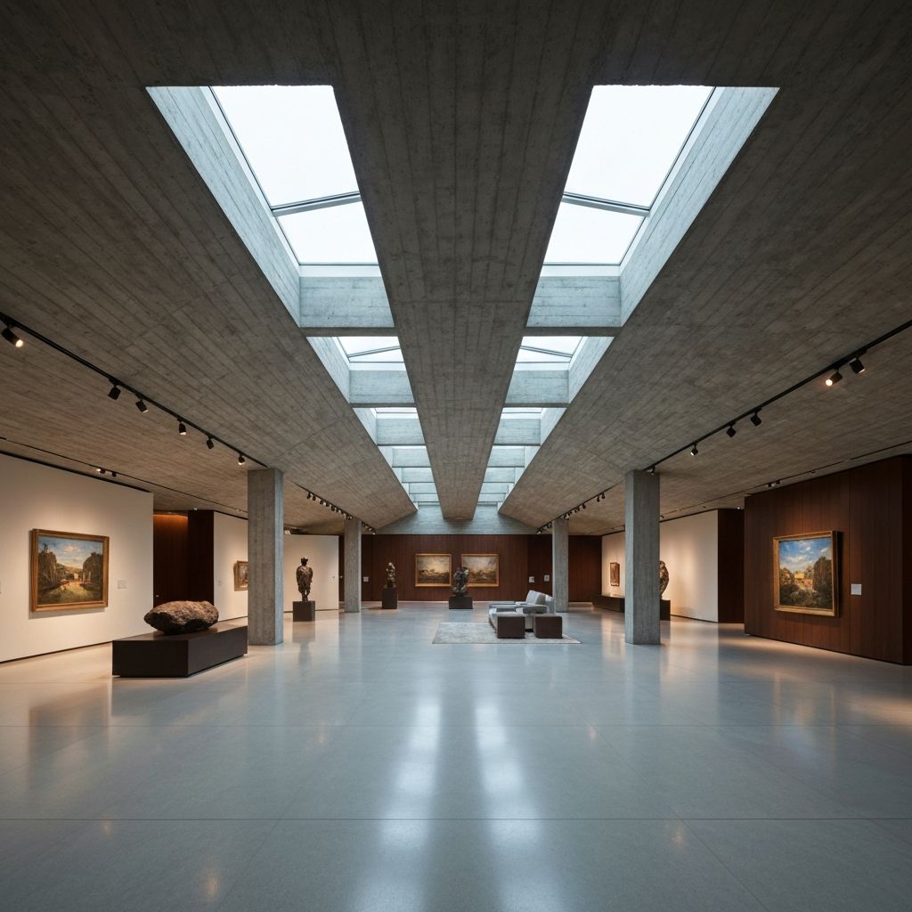 Wnętrze pawilonu z wysokim sufitem i światłem dziennym